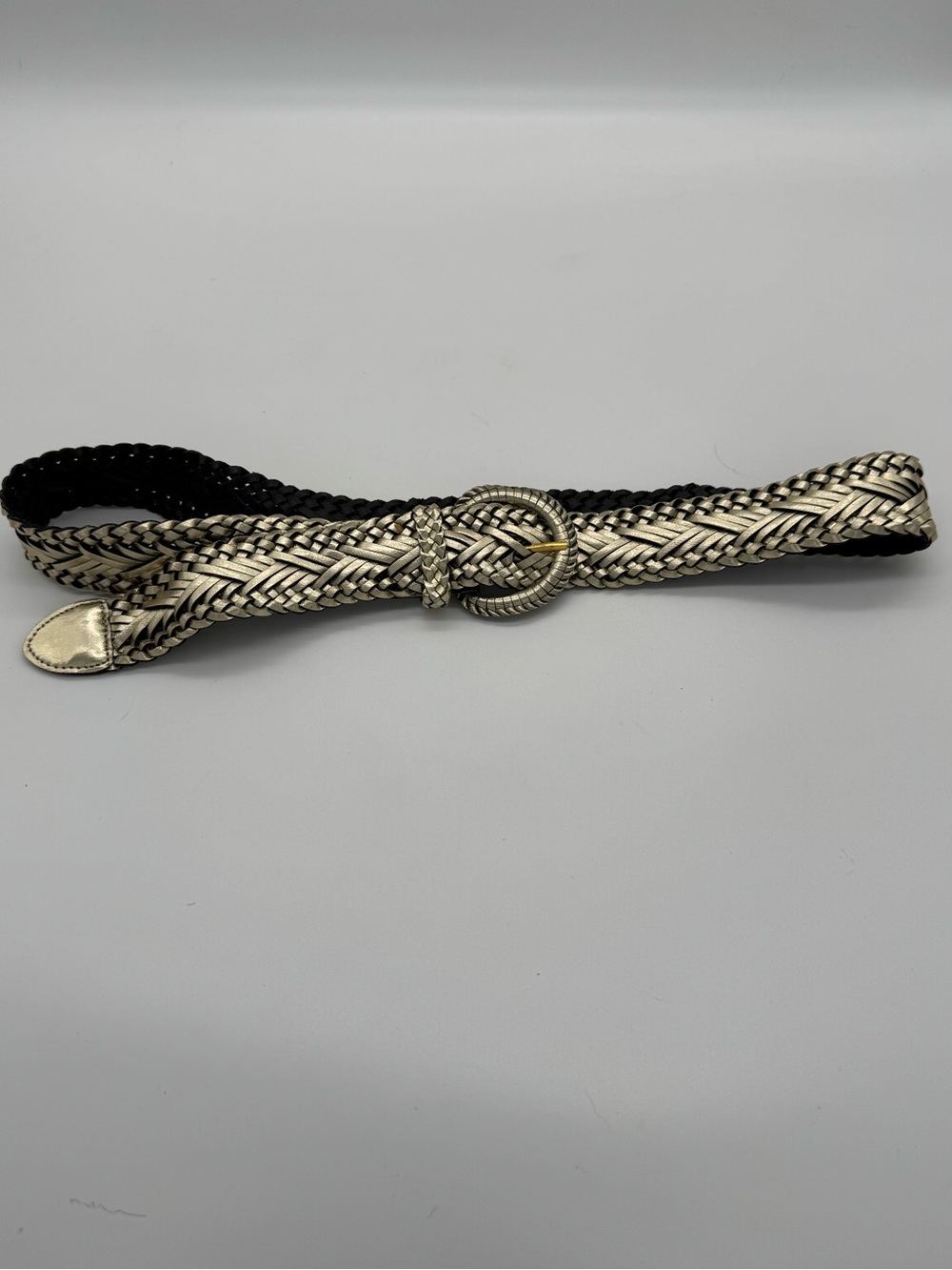 Woven Metallic Silver and Black Braided Women’s Belt with Round Buckle